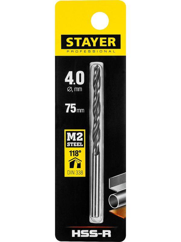 STAYER HSS-R, 4.0 х 75 мм, быстрорежущая сталь P6M5, сверло по металлу, Professional (29602-4)