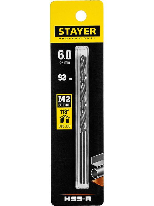 STAYER HSS-R, 6.0 х 93 мм, быстрорежущая сталь P6M5, сверло по металлу, Professional (29602-6)