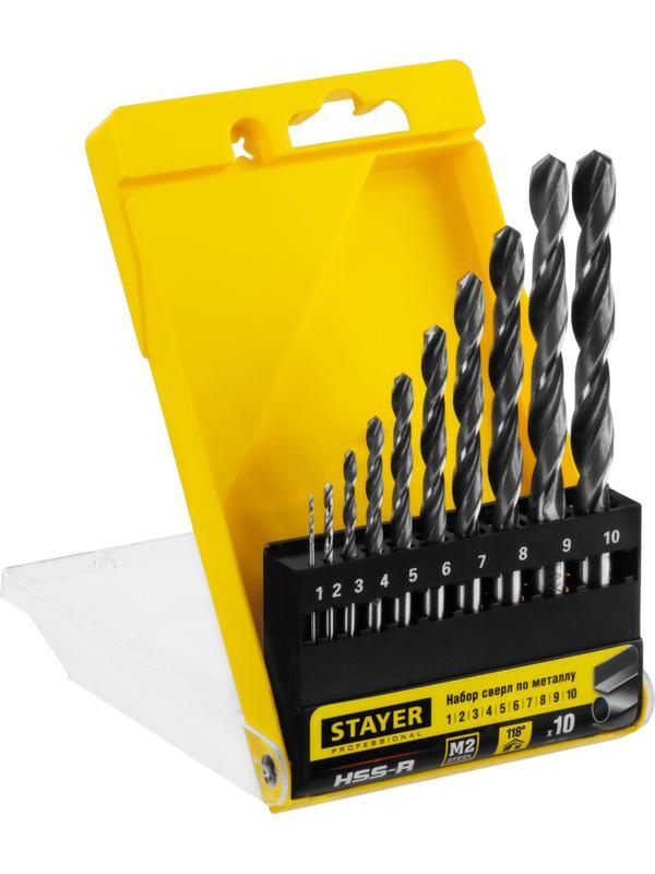 STAYER HSS-R, 10 шт, (1-10 мм), быстрорежущая сталь P6M5, класс В, набор сверл по металлу, Professional (29602-H10)