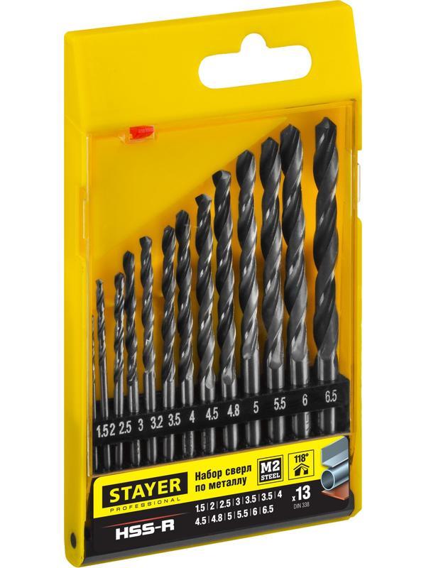 STAYER HSS-R, 13 шт, (1.5-6.5 мм), быстрорежущая сталь P6M5, класс В, набор сверл по металлу, Professional (29602-H13)