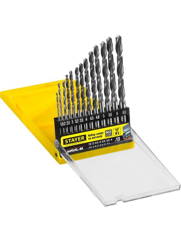 STAYER HSS-R, 13 шт, (1.5-6.5 мм), быстрорежущая сталь P6M5, класс В, набор сверл по металлу, Professional (29602-H13)