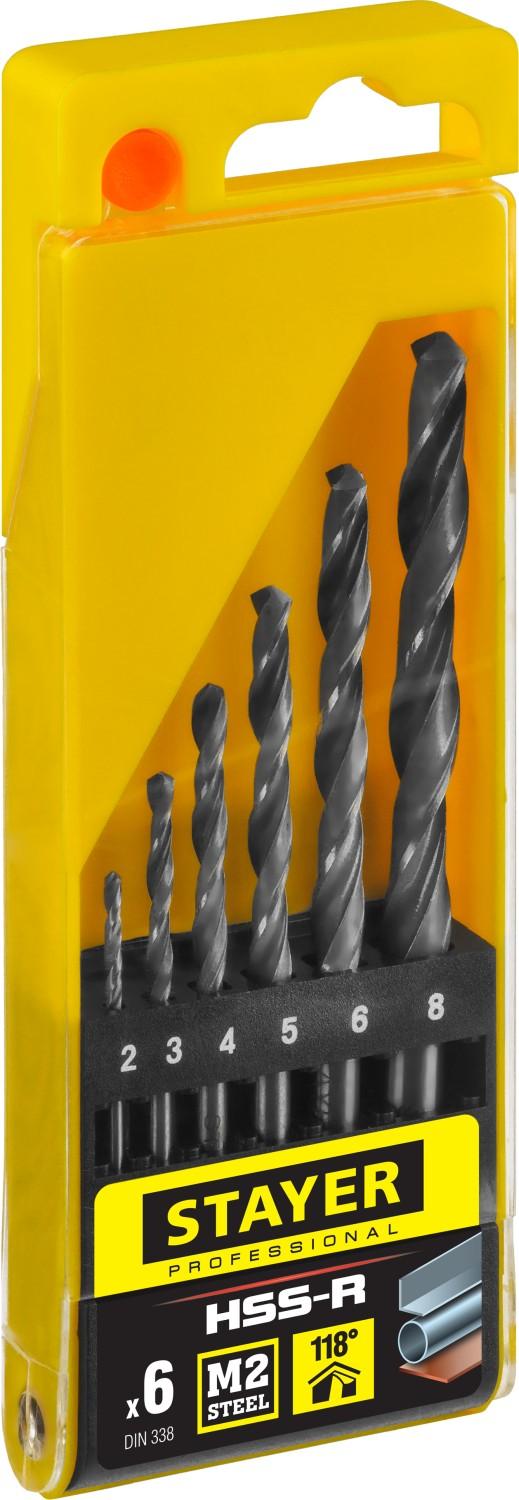 STAYER HSS-R, 6 шт, (2-8 мм), быстрорежущая сталь P6M5, класс В, набор сверл по металлу, Professional (29602-H6)