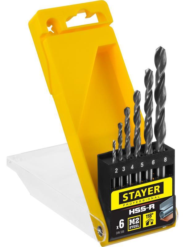 STAYER HSS-R, 6 шт, (2-8 мм), быстрорежущая сталь P6M5, класс В, набор сверл по металлу, Professional (29602-H6)