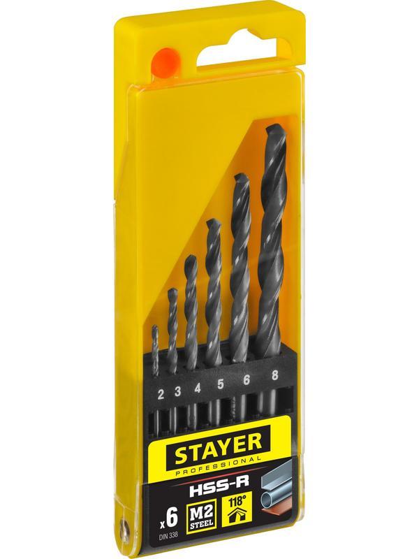 STAYER HSS-R, 6 шт, (2-8 мм), быстрорежущая сталь P6M5, класс В, набор сверл по металлу, Professional (29602-H6)