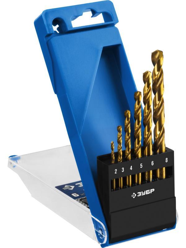 ЗУБР ТИТАН, 6 шт, (2-8 мм), сталь Р6М5, класс А, титановое покрытие, набор сверл по металлу, Профессионал (29615-H6)