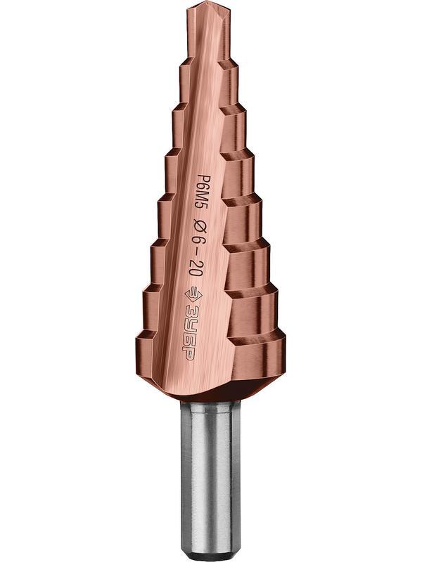 ЗУБР Кобальт, 6-20 мм, 8 ступеней, сталь Р6М5, кобальтовое покрытие, ступенчатое сверло, Профессионал (29672-6-20-8)