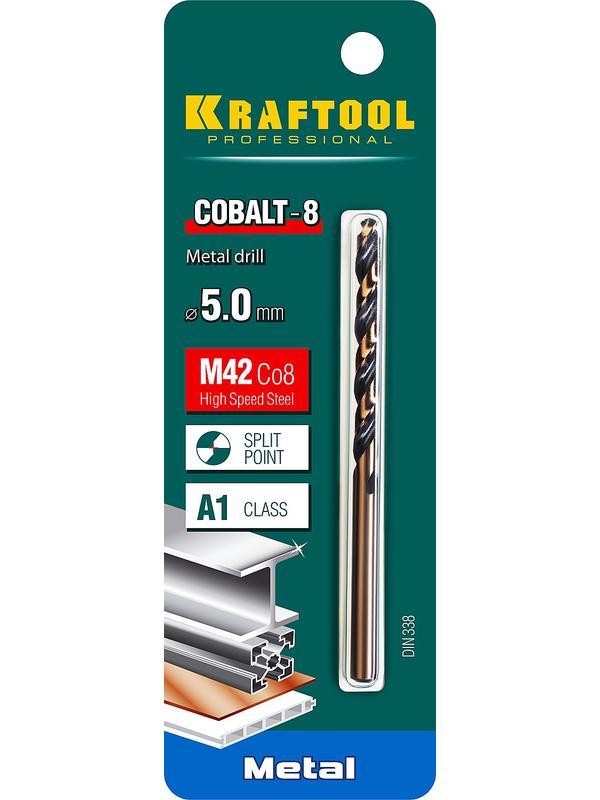 KRAFTOOL Cobalt, 5.0 х 86 мм, сталь М42, HSS-Co(8%), сверло по металлу (29656-5)