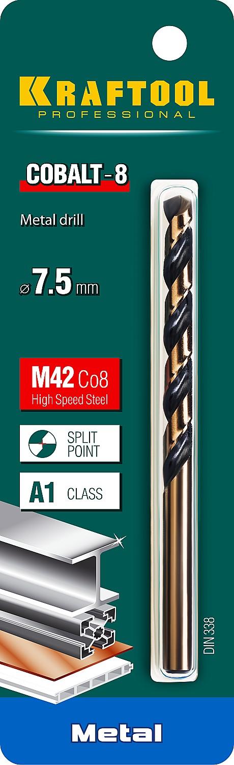 KRAFTOOL Cobalt, 7.5 х 109 мм, сталь М42, HSS-Co(8%), сверло по металлу (29656-7.5)