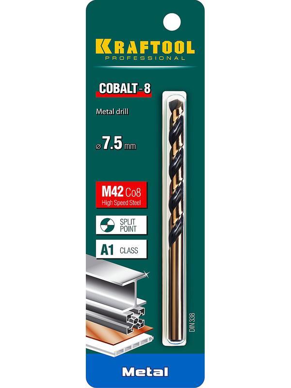 KRAFTOOL Cobalt, 7.5 х 109 мм, сталь М42, HSS-Co(8%), сверло по металлу (29656-7.5)