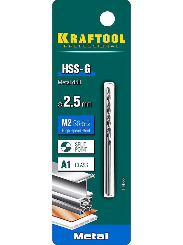 KRAFTOOL HSS-G, 2.5 х 57 мм, сталь P6M5, сверло по металлу (29651-2.5)