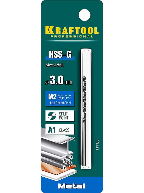 KRAFTOOL HSS-G, 3.0 х 61 мм, сталь P6M5, сверло по металлу (29651-3)
