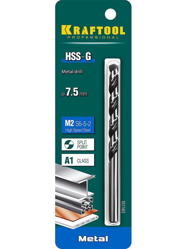 KRAFTOOL HSS-G, 7.5 х 109 мм, сталь P6M5, сверло по металлу (29651-7.5)