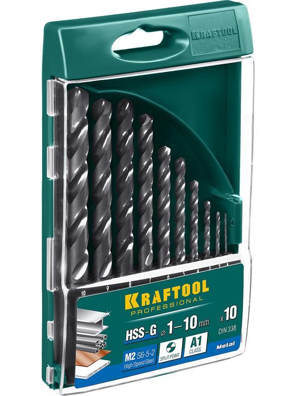 KRAFTOOL HSS-G, 10 шт, (1-10 мм), сталь P6M5, набор сверл по металлу (29651-H10)