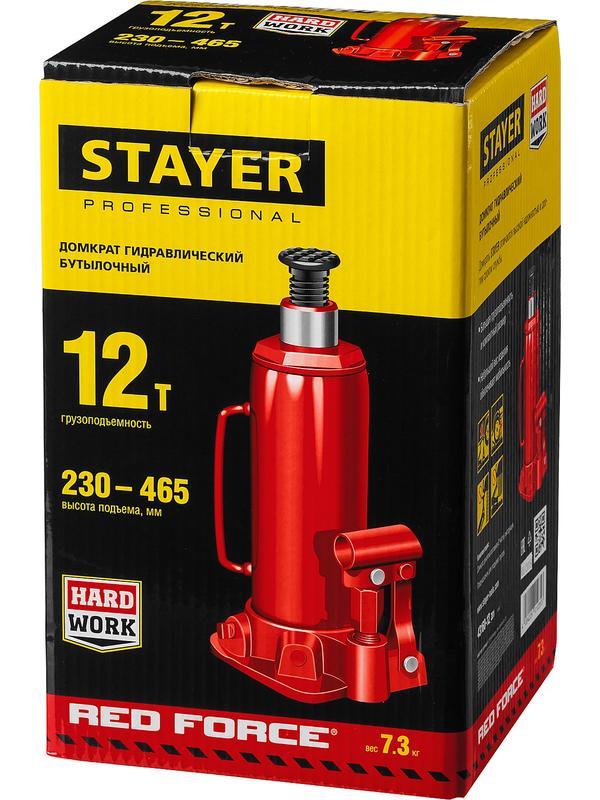 STAYER RED FORCE, 12 т, 230 - 465 мм, бутылочный гидравлический домкрат, Professional (43160-12)