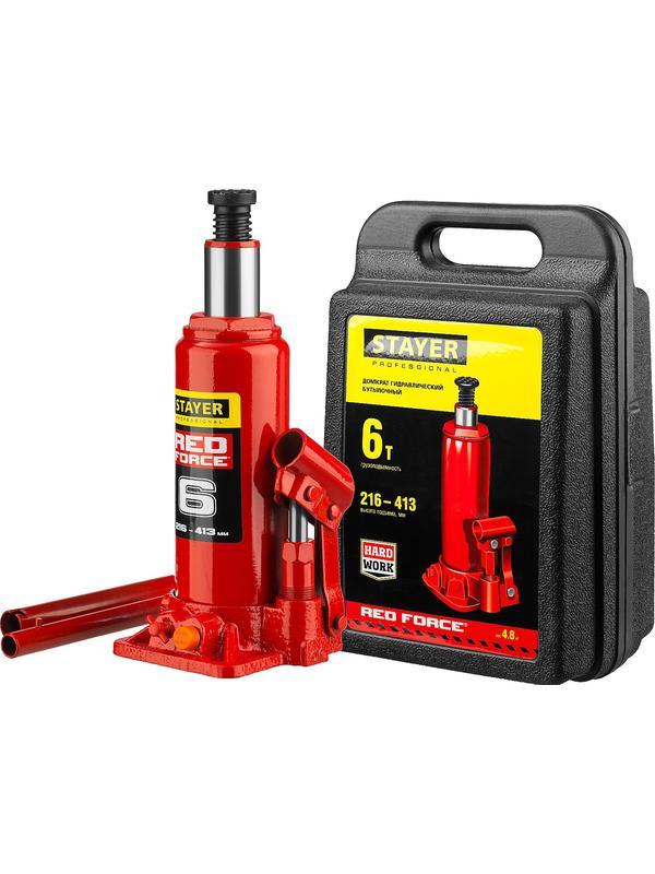 STAYER RED FORCE, в кейсе, 6 т, 216 - 413 мм, бутылочный гидравлический домкрат, Professional (43160-6-K)