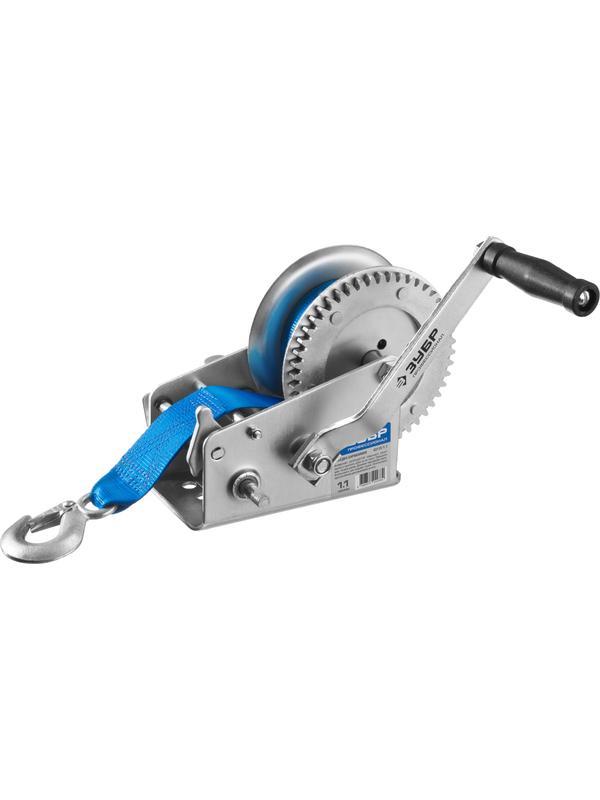 ЗУБР 1.1 т, 10 м, ручная барабанная тяговая ленточная лебедка, Профессионал (43115-1.1)