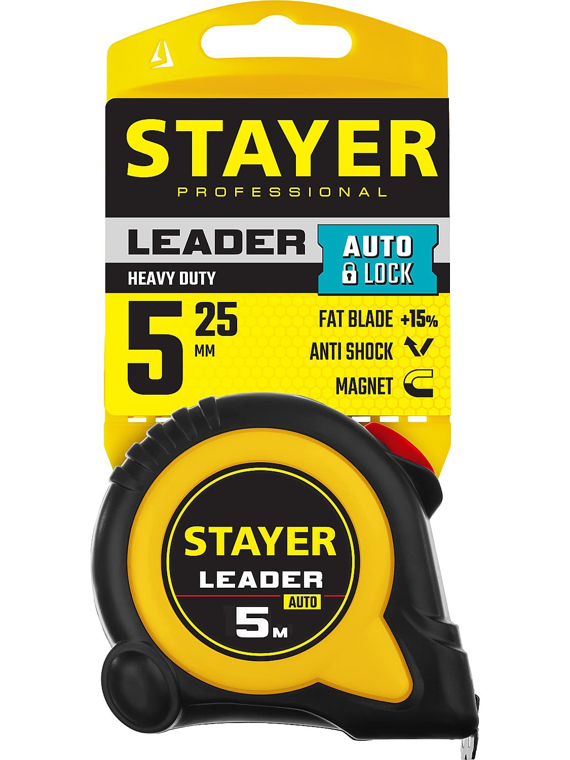 Рулетка измерительная STAYER Leader 3402-05-19, с автостопом / 5 м х 19 мм.