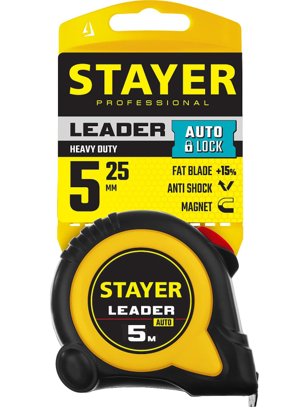 Рулетка измерительная STAYER Leader 3402-05-19, с автостопом / 5 м х 19 мм.