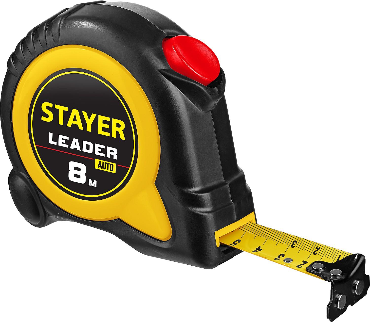 STAYER Leader, 8 м х 25 мм, рулетка с автостопом, Professional (3402-08-25)