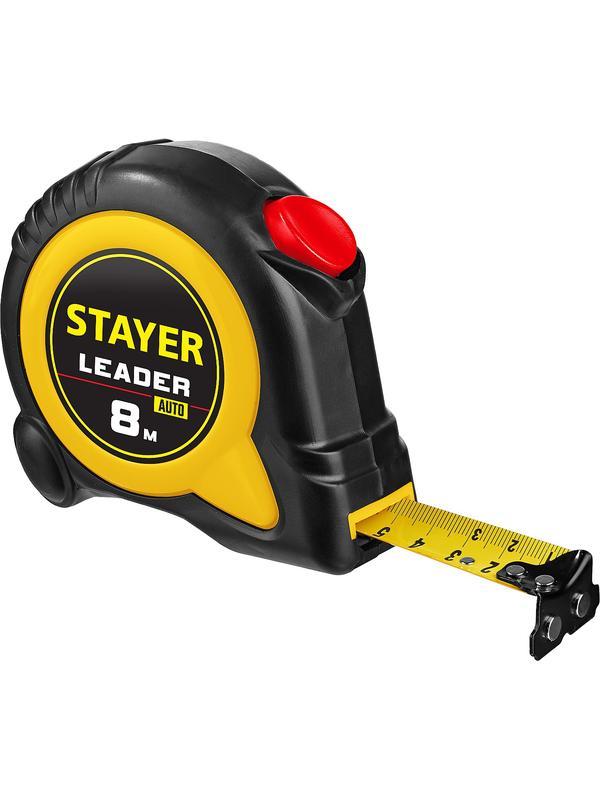 STAYER Leader, 8 м х 25 мм, рулетка с автостопом, Professional (3402-08-25)