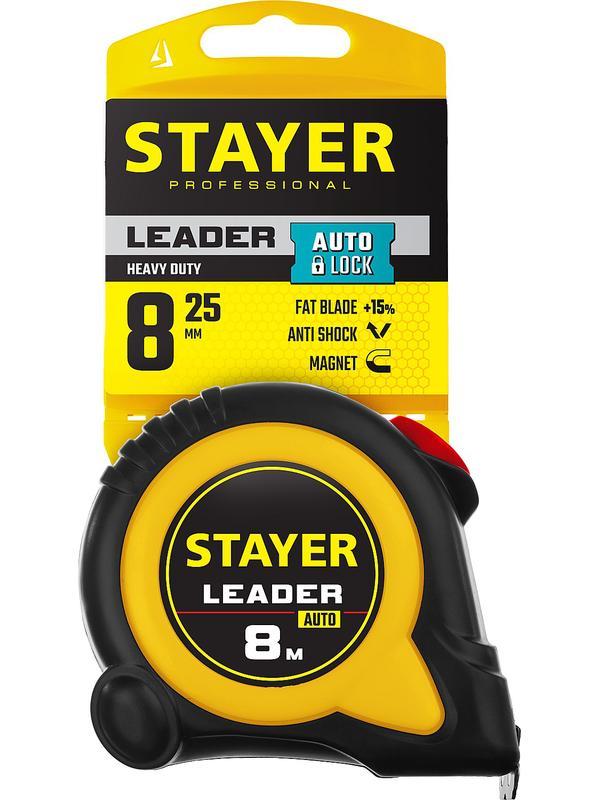 STAYER Leader, 8 м х 25 мм, рулетка с автостопом, Professional (3402-08-25)