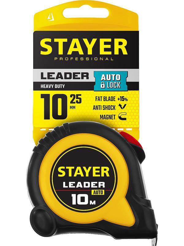 STAYER Leader, 10 м х 25 мм, рулетка с автостопом, Professional (3402-10-25)