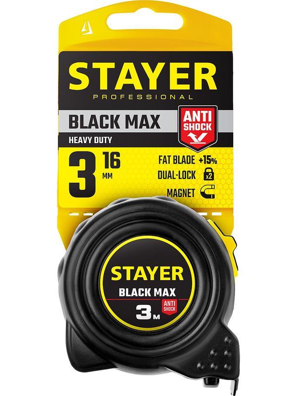 STAYER BlackMax, 3 м х 16 мм, рулетка с двумя фиксаторами, Professional (3410-03)