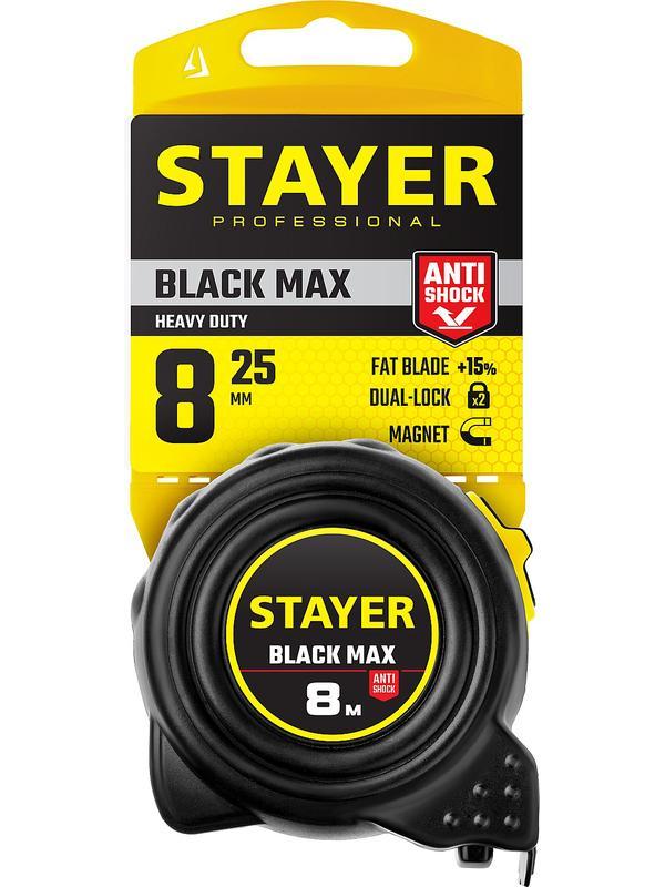 STAYER BlackMax, 8 м х 25 мм, рулетка с двумя фиксаторами, Professional (3410-08)