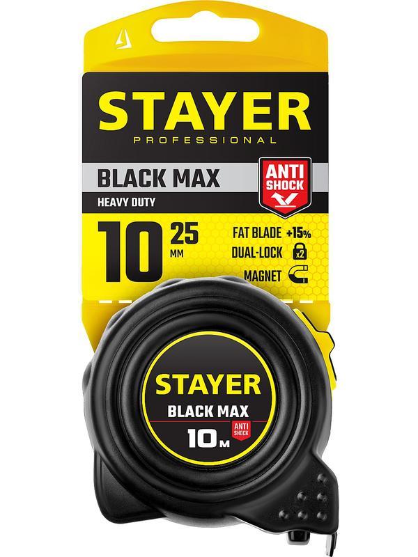 STAYER BlackMax, 10 м х 25 мм, рулетка с двумя фиксаторами, Professional (3410-010)