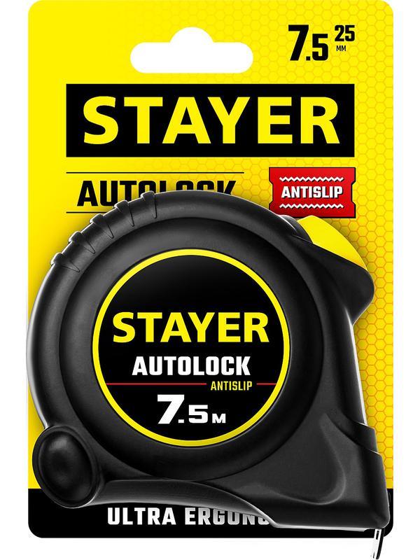 STAYER AutoLock, 7.5 м х 25 мм, рулетка с автостопом (2-34126-07-25)