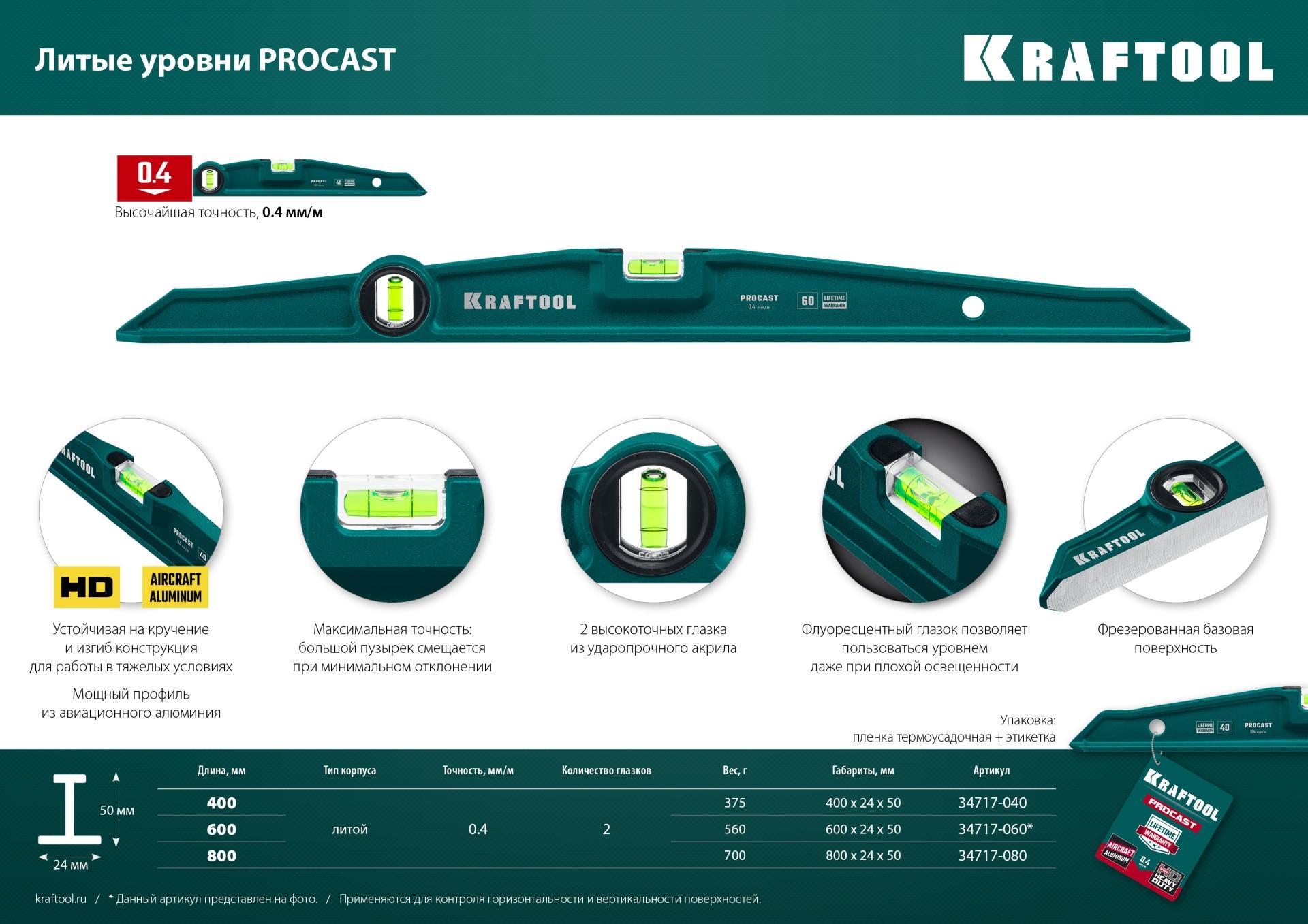 KRAFTOOL PROCAST, 800 мм, литой уровень (34717-080)