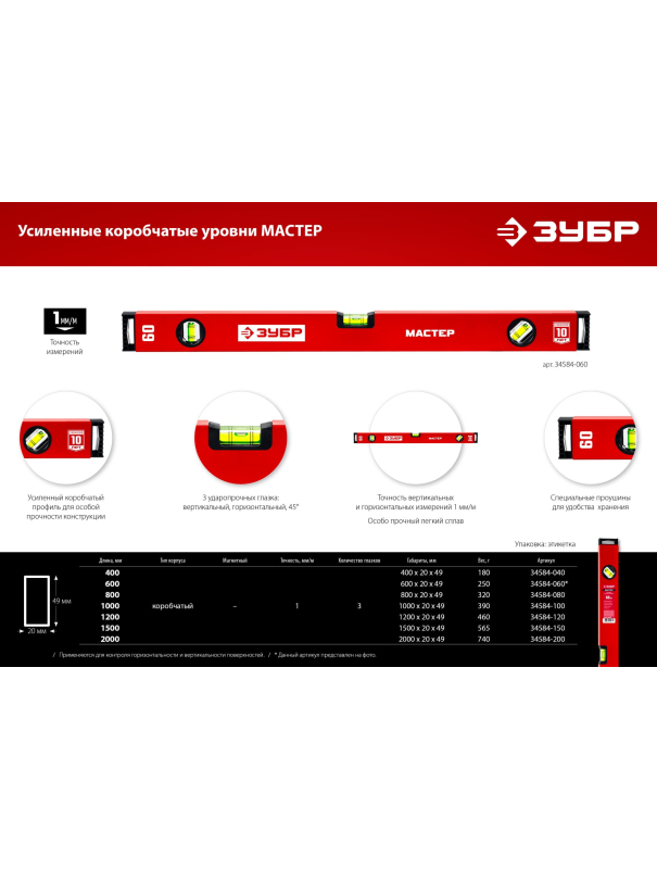 Уровень строительный ЗУБР 34584-120 уровень с усиленным профилем /1200 мм.