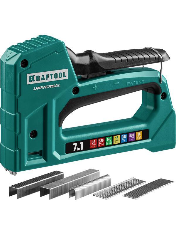 KRAFTOOL Universal, 7-в-1: 53 (A/10/JT21) 23GA (6 - 14 мм)/140 (G/11/57) 20GA (8 - 14 мм)/13/53F/36/500, универсальный легкий степлер (31524)