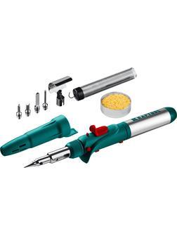 KRAFTOOL SolderGas, 120 K, 30 - 120 Вт, 1300°С, горелка, фен, пьезоподжиг, набор 10 в 1, газовый паяльник (55503-H10)