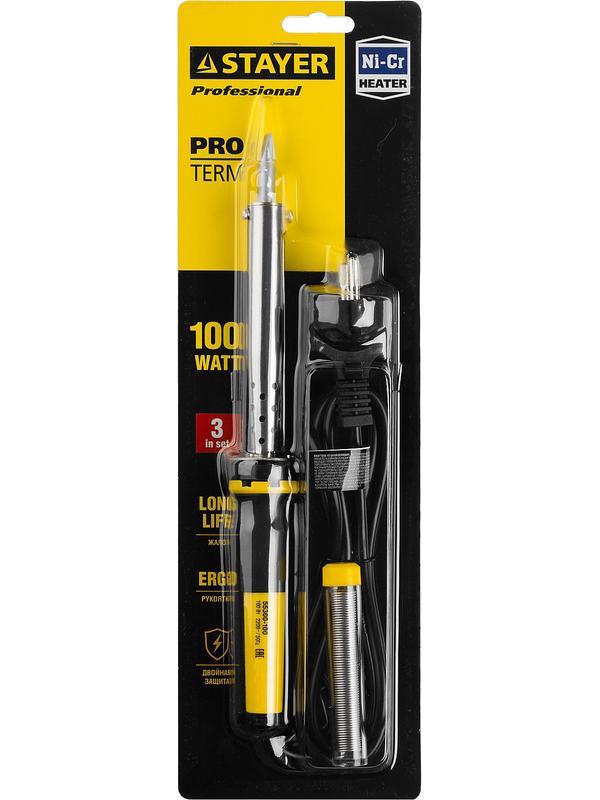 STAYER PROTerm, 100 Вт, клин, в наборе: припой + подставка, 2 К рукоятка, электропаяльник, Professional (55300-100)