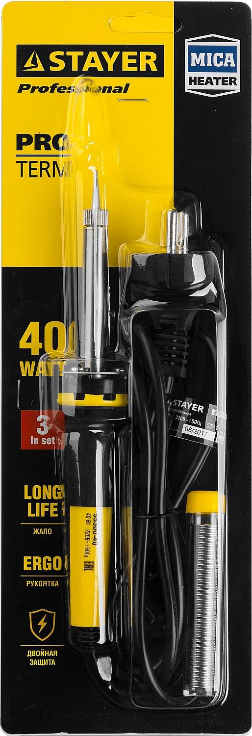 STAYER PROTerm, 40 Вт, конус, в наборе: припой + подставка, 2 К рукоятка, электропаяльник, Professional (55300-40)
