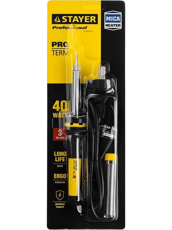 STAYER PROTerm, 40 Вт, конус, в наборе: припой + подставка, 2 К рукоятка, электропаяльник, Professional (55300-40)