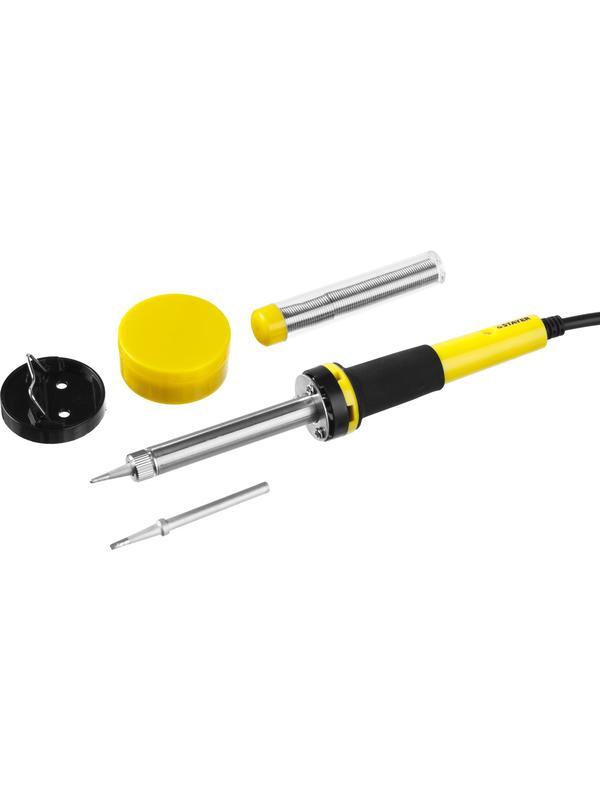 STAYER PROTerm, 40 Вт, с 2к рукояткой, конус, подставка + припой + сменное жало + канифоль, набор для паяльных работ, Professional (55312-40-H5)