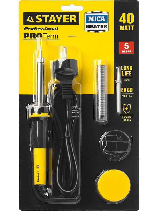 STAYER PROTerm, 40 Вт, с 2к рукояткой, конус, подставка + припой + сменное жало + канифоль, набор для паяльных работ, Professional (55312-40-H5)