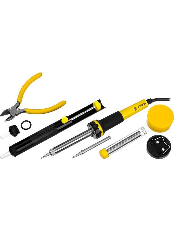 STAYER PROTerm, 60Вт, 2к рукоят, конус, подставка+припой+сменн жало+оловоотсос+сменн насадка+канифоль+кусачки, паял набор, Professional (55314-60-H8)