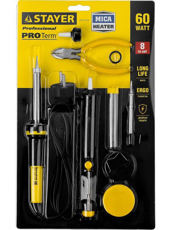 STAYER PROTerm, 60Вт, 2к рукоят, конус, подставка+припой+сменн жало+оловоотсос+сменн насадка+канифоль+кусачки, паял набор, Professional (55314-60-H8)