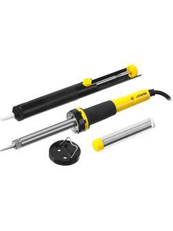 STAYER PROTerm, 30 Вт, с 2к рукояткой, конус, оловоотсос + подставка + припой, набор для паяльных работ, Professional (55316-30-H4)