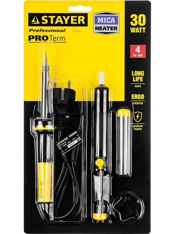 STAYER PROTerm, 30 Вт, с 2к рукояткой, конус, оловоотсос + подставка + припой, набор для паяльных работ, Professional (55316-30-H4)