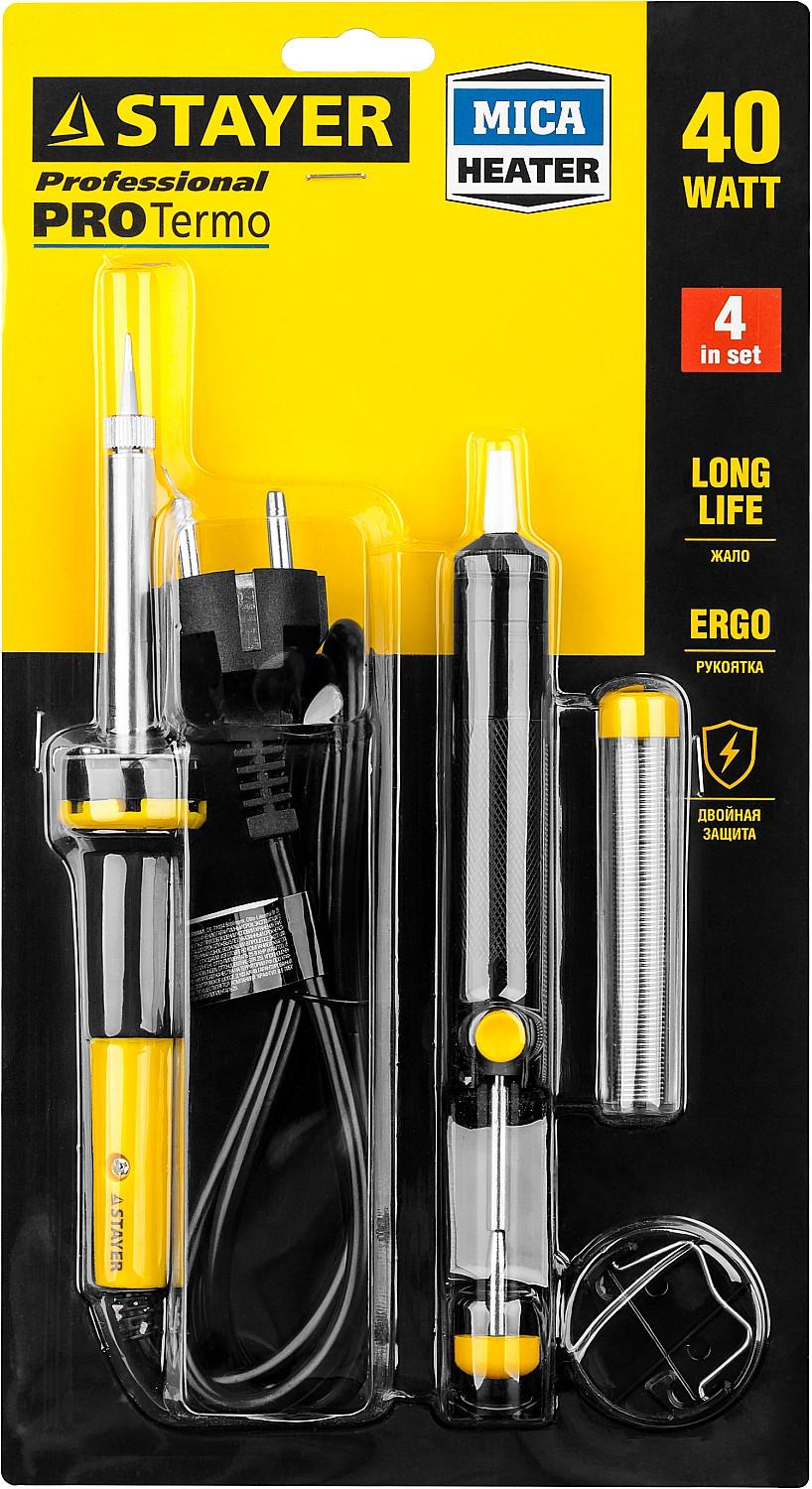 STAYER PROTerm, 40 Вт, с 2к рукояткой, конус, оловоотсос + подставка + припой, набор для паяльных работ, Professional (55316-40-H4)