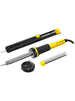 STAYER PROTerm, 40 Вт, с 2к рукояткой, конус, оловоотсос + подставка + припой, набор для паяльных работ, Professional (55316-40-H4)