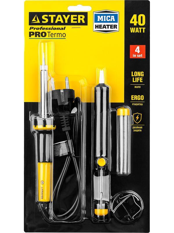 STAYER PROTerm, 40 Вт, с 2к рукояткой, конус, оловоотсос + подставка + припой, набор для паяльных работ, Professional (55316-40-H4)