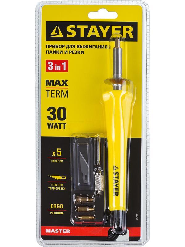 STAYER MAXTerm, 30 Вт, 3 в 1, в наборе: 5 насадок + термонож, прибор для выжигания, пайки и резки (45221)