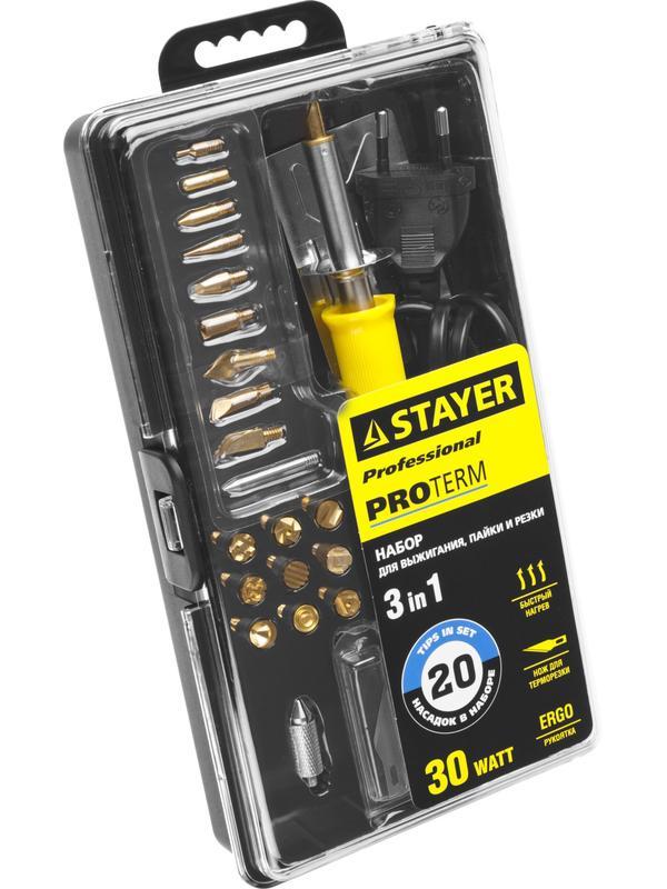 STAYER PROTerm, 30 Вт, 3 в 1, в наборе: 20 насадок, в кейсе, прибор для выжигания, пайки и резки, Professional (45227)