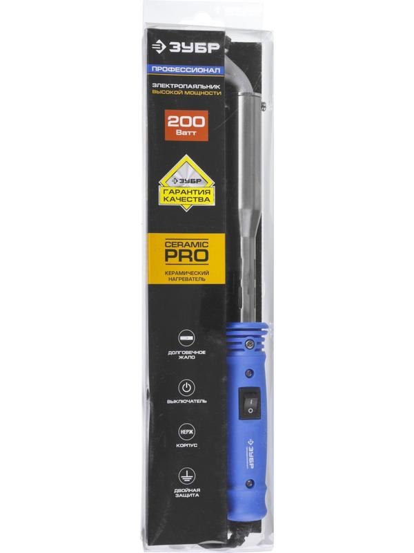 ЗУБР Ceramic PRO, 200 Вт, клин, высокомощный электропаяльник с пластиковой рукояткой, Профессионал (55301-200)