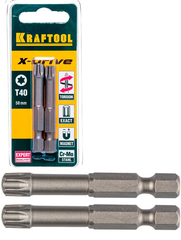 Биты торсионные KRAFTOOL 26125-40-50-2  / TX 40, 50 мм., 2 шт.